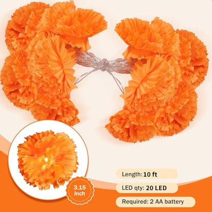 1 Pack Lighted Marigold Garland 20 LED Artificial Marigold Flowers String Lights Dia de Los Muertos Day of The Dead Decorations for Halloween Diwali Indian Party (1, 10 Ft 20 LED) - size: 10 Ft 20 LED