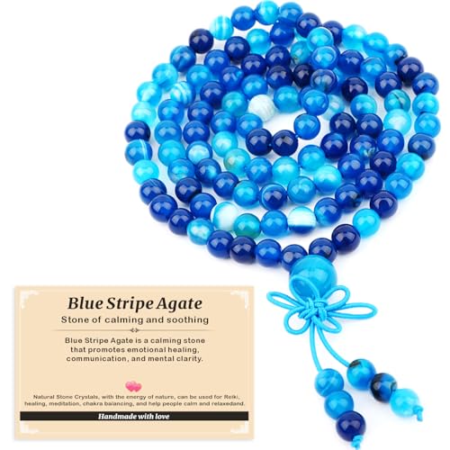 AD Beads 6mm 8mm 108 Prayer Mala Jasper Elastic Bracelet - Handmade Yoga Meditation Healing Power Energy Gifts for Unisex Adult. - color: Blue Stripe Agate(Soothing)