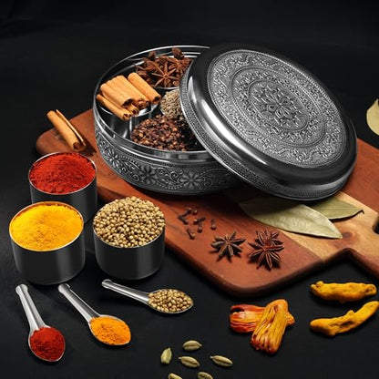 KSJONE Designer Spice Container Masala Dabba, 7 Spice Jars, Holds 7 Spices, Spice Container Box, Polished Stainless Steel with 7 Serving Spoons, Indian Masala Dabba with Lid, 8 Inch