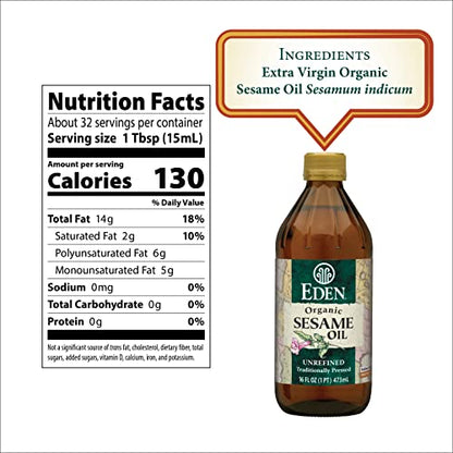 Eden Organic Sesame Oil, Unrefined, Extra Virgin, Traditionally Pressed, 16 fl oz Glass Bottle