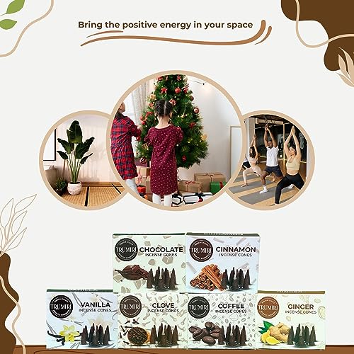 TRUMIRI Gourmet Incense Cones - Variety Pack - Total 60 Cone Incense (6 Scents x 10 Conos) - Vanilla, Cinnamon, Coffee, Chocolate, Clove, Ginger - Cone Incense Scents - Insense Cones - Incent Cone - color: Gourmet