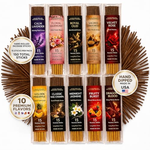 Incense Sticks Variety Pack, 150 Count – Nag Champa, Sandalwood, Lavender, Rose, Oud, Dragon Blood, Jasmine, Pineapple, Floral Harmony & Fruity Burst | 10 Scents × 15 Sticks | Natural Incense Set