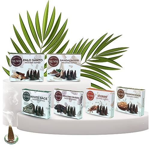 Trumiri Woody Incense Cones - Variety Pack - Total 60 Cone Incense (6 Scents x 10 Conos) - White Sage, Palo Santo, Dragons Blood, Sandalwood - Inscents-Cones Scented - Insense Cones - Incent Cone - color: Woody