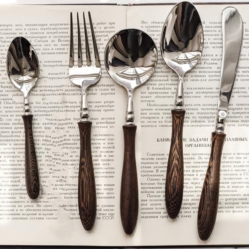 20 Piece Silverware Set Service for 4,Premium Wooden Handle Stainless Steel Flatware Set Home Include Fork Knife Spoon Set Gift Package for Christmas （Dark Brown） - color: Dark Brown, size: 4 people, 20 pieces