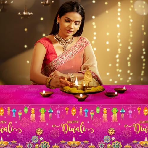 1 Pack Happy Diwali Disposable Tablecloth, Festival of Lights Plastic Table Cover for Rectangle Tables, Diwali Table Cloth for Indian Diwali Light Celebration Party Supplies Decorations, 54×108 Inch - size: 108" x 54" (Rectangular)