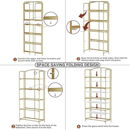 Crofy 5-Tier Wider Foldable Bookshelf, Gold Frame & Transparent Shelves - color: Gold Frame & Transparent Shelf, size: 5 Tier Wider