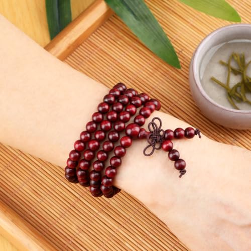 AD Beads 6mm 8mm 108 Prayer Mala Jasper Elastic Bracelet - Handmade Yoga Meditation Healing Power Energy Gifts for Unisex Adult. - color: Blood Sandal wood(True Self)