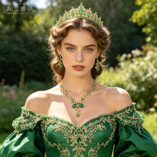 Kamirola Tiaras and Crowns for Women,Tiaras Earrings Necklace, Crystal Bridal Jewelry Set, Costume Party Halloween Prom Pageant Jewelry for Women(TR45) - color: Green