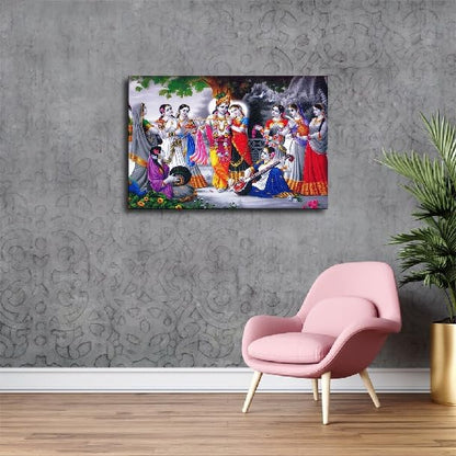 Radha Krishna with Ashta Sakhi Gopis Canvas Wall Art Poster Decor for Living Room and Bedroom Wall Modern Home Artworks (Frame 24in*36in) - size: Frame 24in*36in