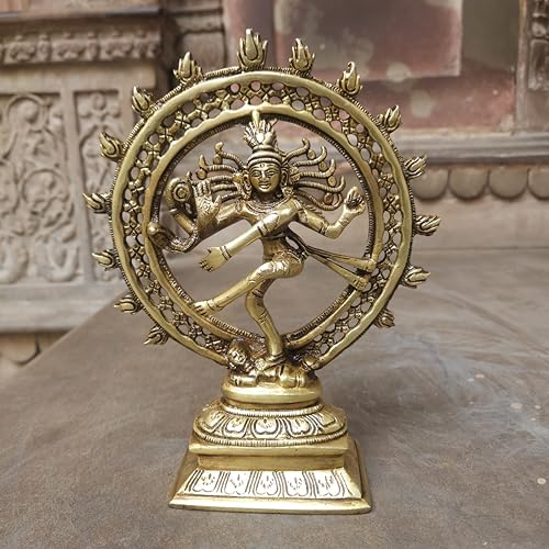Liv Brass Nataraja Statue 9 Inch – Handmade Solid Brass Lord Shiva Nataraja Idol with Antique Finish, Hindu Cosmic Dance Sculpture for Home Decor, Yoga Room & Housewarming Gift - color: Antique Yellow