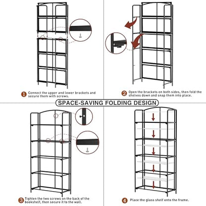 Crofy 5-Tier Wider Foldable Bookshelf, Black Frame & Transparent Shelves - color: Black Frame & Transparent Shelf, size: 5 Tier Wider