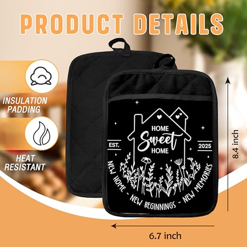 Housewarming Gifts Pot Holders with Pockets, House Warming Gifts Ideas, Home Sweet Home Oven Pot Holders Heat Resistant Oven Mitts Hot Pads for Kitchen Baking Cooking - color: Black Sweet Home-a