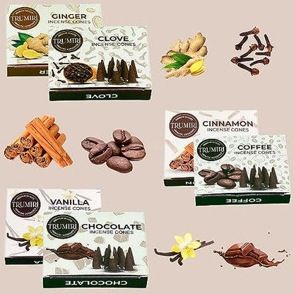 TRUMIRI Gourmet Incense Cones - Variety Pack - Total 60 Cone Incense (6 Scents x 10 Conos) - Vanilla, Cinnamon, Coffee, Chocolate, Clove, Ginger - Cone Incense Scents - Insense Cones - Incent Cone - color: Gourmet