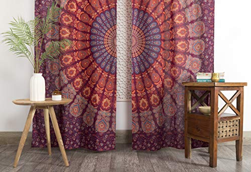 Popular Handicrafts Printed Curtains Panels Set of 2 Indian Hippie Bohemian Beautiful Peacock Mandala Curtain Panels Maroon 42x100 Inch - color: Maroon, size: 84"W x 100"L (Pack of 2)
