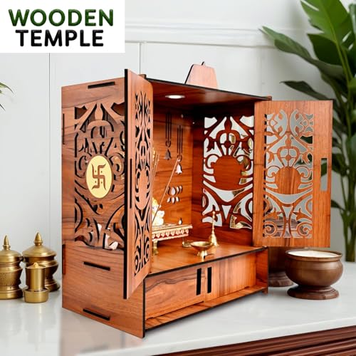 Wooden Temple Mandir for Home Beautiful Pooja with LED Light and Wall Mounts | Elegant Pooja Mandir for Home Big Size(H-17.3, L-11, B-10.6 inch)