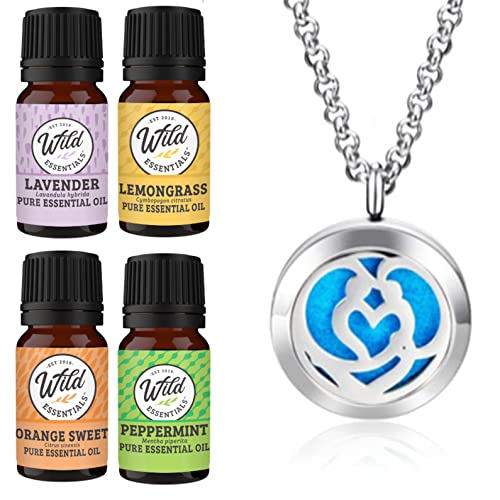 Wild Essentials Couple’s Heart Necklace Essential Oil Diffuser Kit, Lavender, Lemongrass, Peppermint, Orange Oils, 12 Refill Pads, Calming Aromatherapy Gift Set, Customizable Color Changing, Perfume - color: Silver Couple's Heart, size: 4 Oils