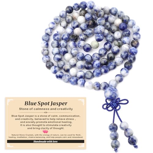AD Beads 6mm 8mm 108 Prayer Mala Jasper Elastic Bracelet - Handmade Yoga Meditation Healing Power Energy Gifts for Unisex Adult. - color: Blue Spot Jasper(Creativity)