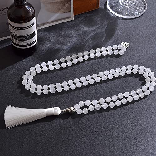 108 Mala Prayer Beads Necklace Natural Stones Meditation Yoga Jewery 108 Hand Knotted Japa Mala Beaded Long Tassel Necklace with Tree of Life Pendant for Men and Women - color: 8mm White Transparent Marble