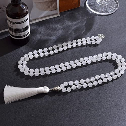 108 Mala Prayer Beads Necklace Natural Stones Meditation Yoga Jewery 108 Hand Knotted Japa Mala Beaded Long Tassel Necklace with Tree of Life Pendant for Men and Women - color: 8mm White Transparent Marble