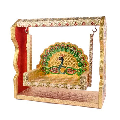 SATVIK Stunning Meenakari Jhula for Laddu Gopal – Elegant Golden Wooden Swing with Exquisite Enamel Finish