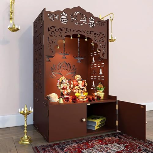Lotus Pattern MDF Wood Temple with Spacious Shelf inbuilt Focus Light White - color: White, size: Large