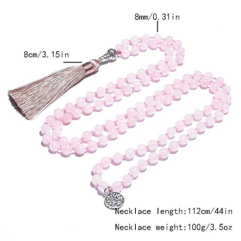 108 Mala Prayer Beads Necklace Natural Stones Meditation Yoga Jewery 108 Hand Knotted Japa Mala Beaded Long Tassel Necklace with Tree of Life Pendant for Men and Women - color: 8mm Rose Quartz