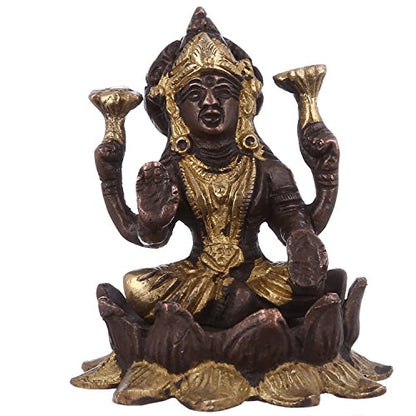 Purpledip Lakshmi Ganesha On Lotus Flower: Brass Statue Set in Unique Copper-Gold Finish; Rare Collection Idols for Home Temple (10947)