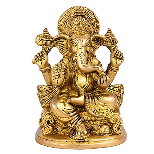 GLOOKS Ganesha Hindu Religious Statue of God Idol 5.2 Inches Brass Sculpture