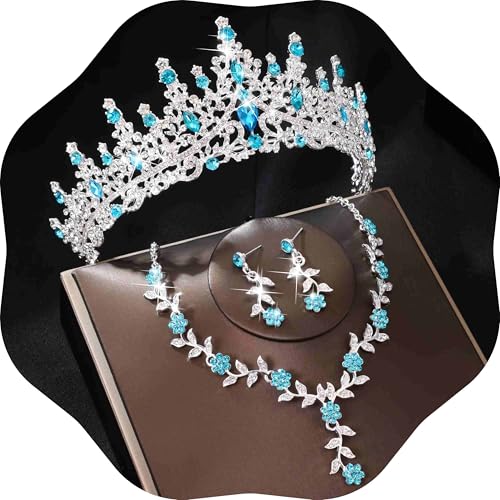 Kamirola Tiaras and Crowns for Women,Tiaras Earrings Necklace, Crystal Bridal Jewelry Set (TR48) - color: Silver Lack Blue