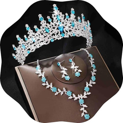 Kamirola Tiaras and Crowns for Women,Tiaras Earrings Necklace, Crystal Bridal Jewelry Set (TR48) - color: Silver Lack Blue