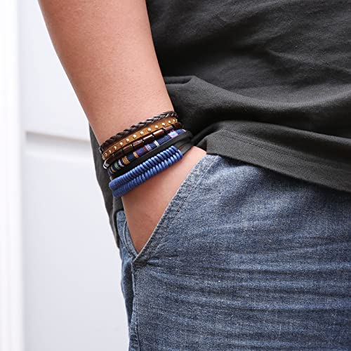 HZMAN Handmade Hemp Cords Wood Beads Leather Bracelets for Men Women - style: Dark Blue Hemp Rope