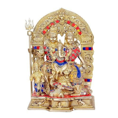 Liv Brass Shiv Parivar Statue 12 Inch Large, Shiva Parvati Ganesha Kartikeya Family Idol Set, Easter Decor House Warming Gifts Religious Sculptures Return Home Temple