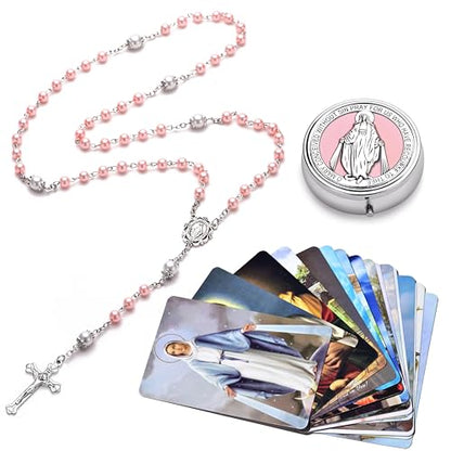 Rosary for Women with Case and 18pcs Prayer Cards, First Communion Gifts for Girls, Glass Pearl Beads and Virgin Mary Medal, Catholic Gifts - color: Pink