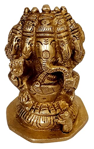 Purpledip Brass Idol Panchmukhi Ganesha: Ganapathi Statue for Home Temple (10696B)
