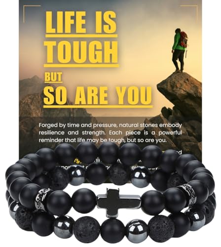 Mens Beaded Bracelets, Cross Bracelet for Men with Hematite Black Obsidian Lava Stone Triple Protection Bracelets for Men - size: Small, style: Cross