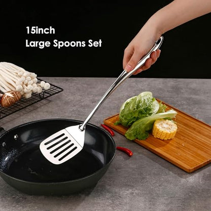 304 Stainless Steel Kitchen Utensil Set - 9 PCS Serving Utensils, Cooking Utensil, Solid Spoon, Slotted Spoon, Fork, Spatula, Ladle, Skimmer Spoon, Slotted Spatula Tunner, Spaghetti Spoon, Large Spoon - color: Sliver