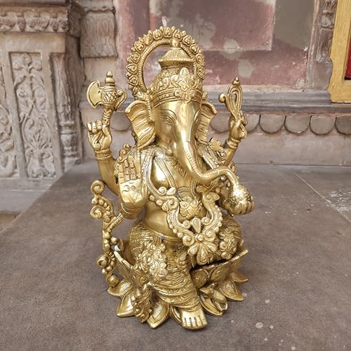 Brass Ganesha Statue 12.5 Inch Large Handmade Lord Ganesh Idol for Home Temple Decor Hindu Religious Brass Murti Spiritual Gift