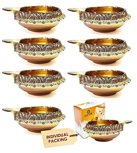 Satvik 8 pc Handmade Golden Engraved Kuber Diya Made of Virgin Brass. Diwali Diya Vilakku for Puja Pooja. Traditional Indian Oil Lamp. Deepawali Decoration Gift Items - style: SET OF 8