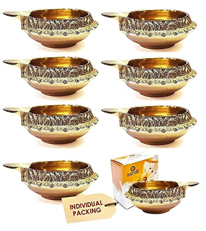 Satvik 8 pc Handmade Golden Engraved Kuber Diya Made of Virgin Brass. Diwali Diya Vilakku for Puja Pooja. Traditional Indian Oil Lamp. Deepawali Decoration Gift Items - style: SET OF 8