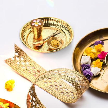 Brass Pooja Accessory Article Thali Set for Indian Pital for Janamasthmi Navratri Pooja Home and Temple Kanha Ji Small Bartan Offering Bhog Prasad Thakur Ji Essential Pooja Item (Bhog Thali Set-4 Pcs) - color: Bhog Thali Set-4 Pcs
