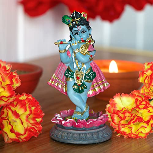 alikiki Hindu God Krishna Idol - 3.9”H Indian Little Krishna Statue for Car Dashboard Home Office Temple Mandir Altar Pooja Item Diwali Puja Figurine
