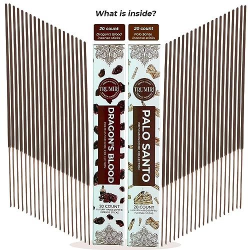 Trumiri Incense Sticks - Combo Pack of 40 Insence-Sticks - 20 Dragons Blood + 20 Palo Santo - Insenses - Insents - Incents - Inscense - Incence - Incienso - All Natural Incense Sticks - color: Dragons Blood Palo Santo