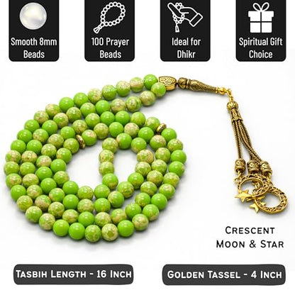 Amazing Gemstone Crystal Tasbeeh with Moon and Star Charm - Certified Crystal Muslim Prayer Beads Natural Gemstone Tasbih Gift for Ramadan Dhikr and Daily Namaz (G) - color: Green Turquoise