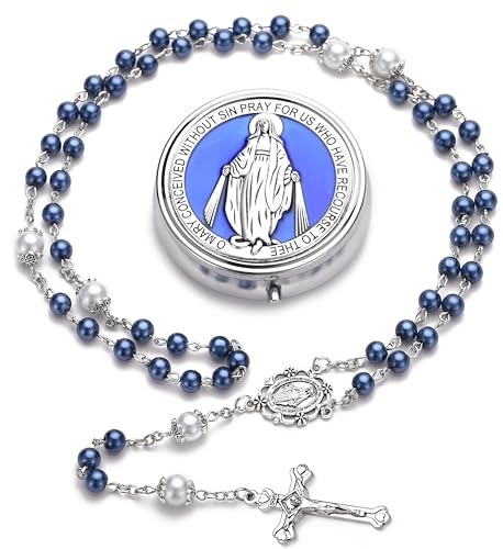 Rosary for Women with Case and 18pcs Prayer Cards, First Communion Gifts for Girls, Glass Pearl Beads and Virgin Mary Medal, Catholic Gifts - color: Blue