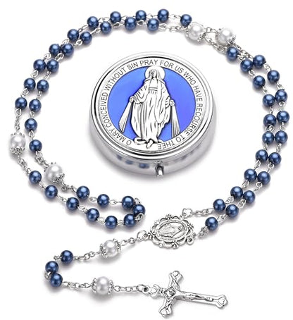 Rosary for Women with Case and 18pcs Prayer Cards, First Communion Gifts for Girls, Glass Pearl Beads and Virgin Mary Medal, Catholic Gifts - color: Blue