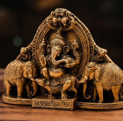 Brass Lord Ganesha with Elephant Statue, Handmade Ganesh Idol, Hindu Home Temple Decor, Vastu Feng Shui Figurine, Housewarming Gift