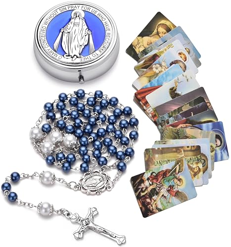 Rosary for Women with Case and 18pcs Prayer Cards, First Communion Gifts for Girls, Glass Pearl Beads and Virgin Mary Medal, Catholic Gifts - color: Blue