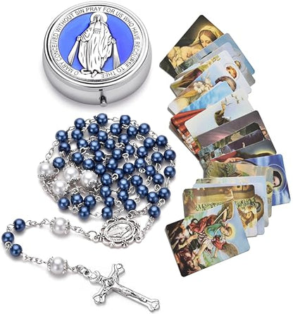 Rosary for Women with Case and 18pcs Prayer Cards, First Communion Gifts for Girls, Glass Pearl Beads and Virgin Mary Medal, Catholic Gifts - color: Blue
