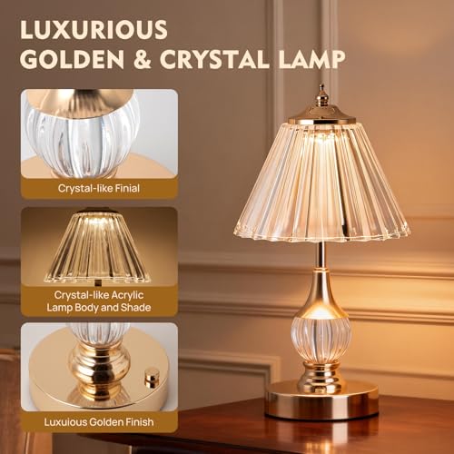Gold Crystal Battery Operated Rechargeable Lamp Cordless, Pleated - color: Gold-Pleated