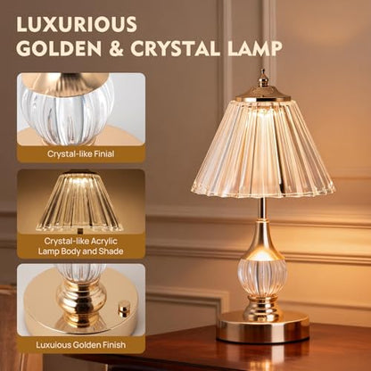 Gold Crystal Battery Operated Rechargeable Lamp Cordless, Pleated - color: Gold-Pleated